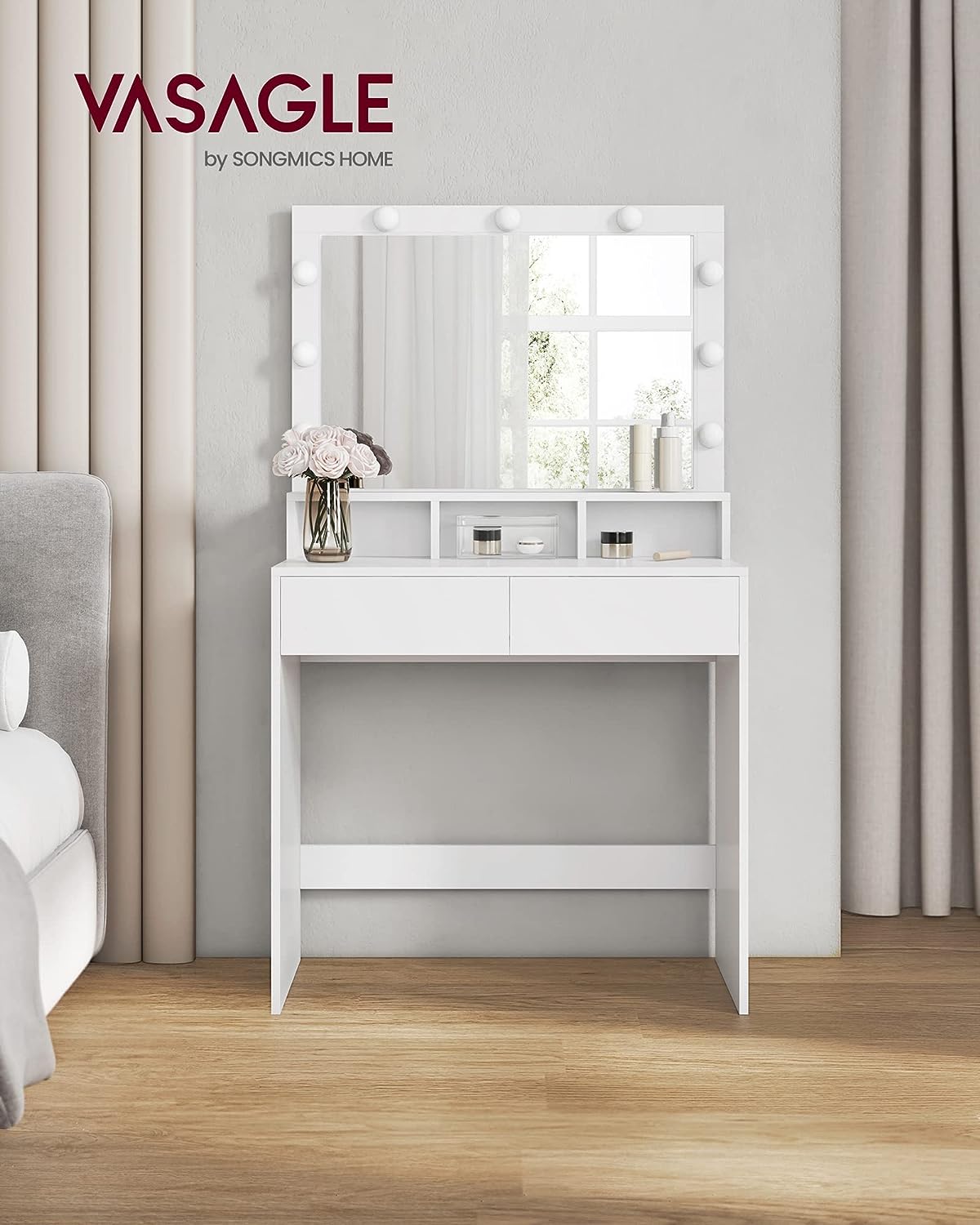 Masă de toaletă VASAGLE cu oglindă LED, 2 sertare și rafturi, alb