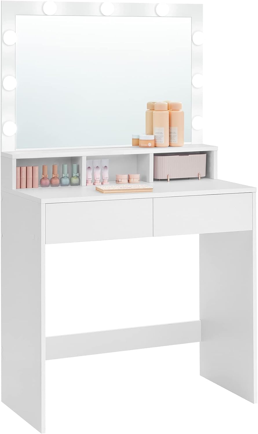 Masă de toaletă VASAGLE cu oglindă LED, 2 sertare și rafturi, alb