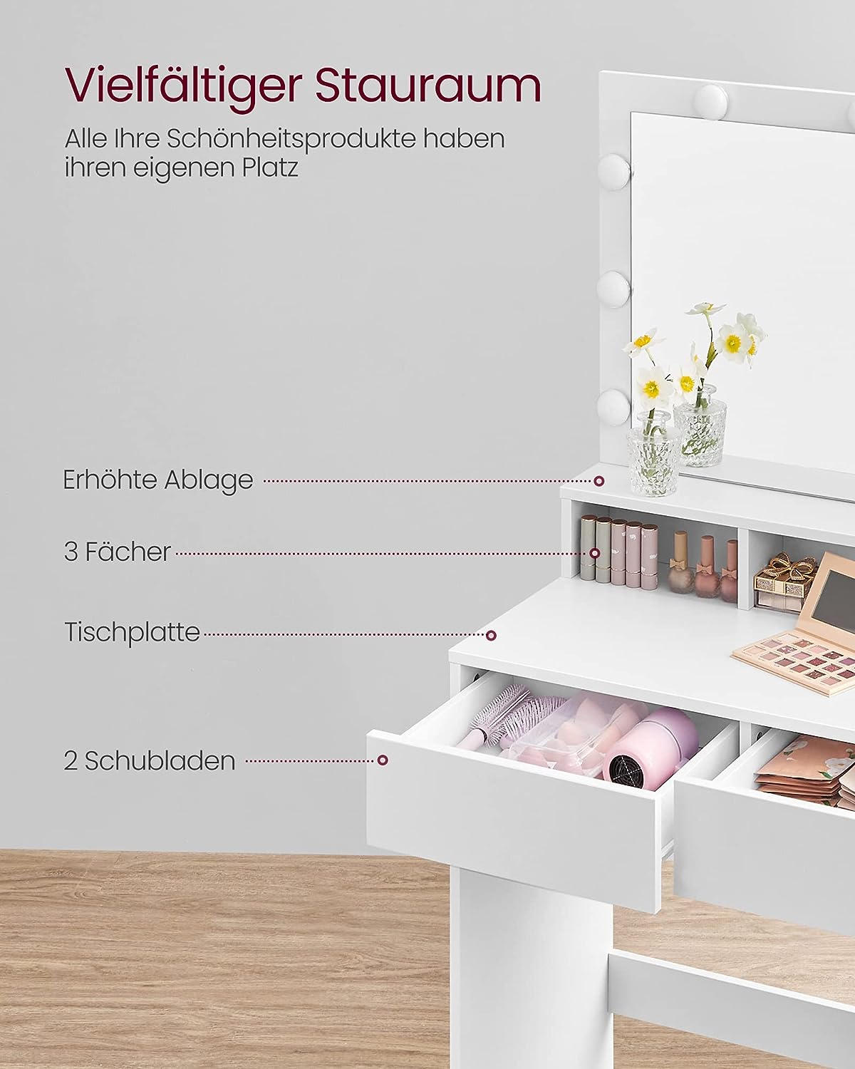 Masă de toaletă VASAGLE cu oglindă LED, 2 sertare și rafturi, alb