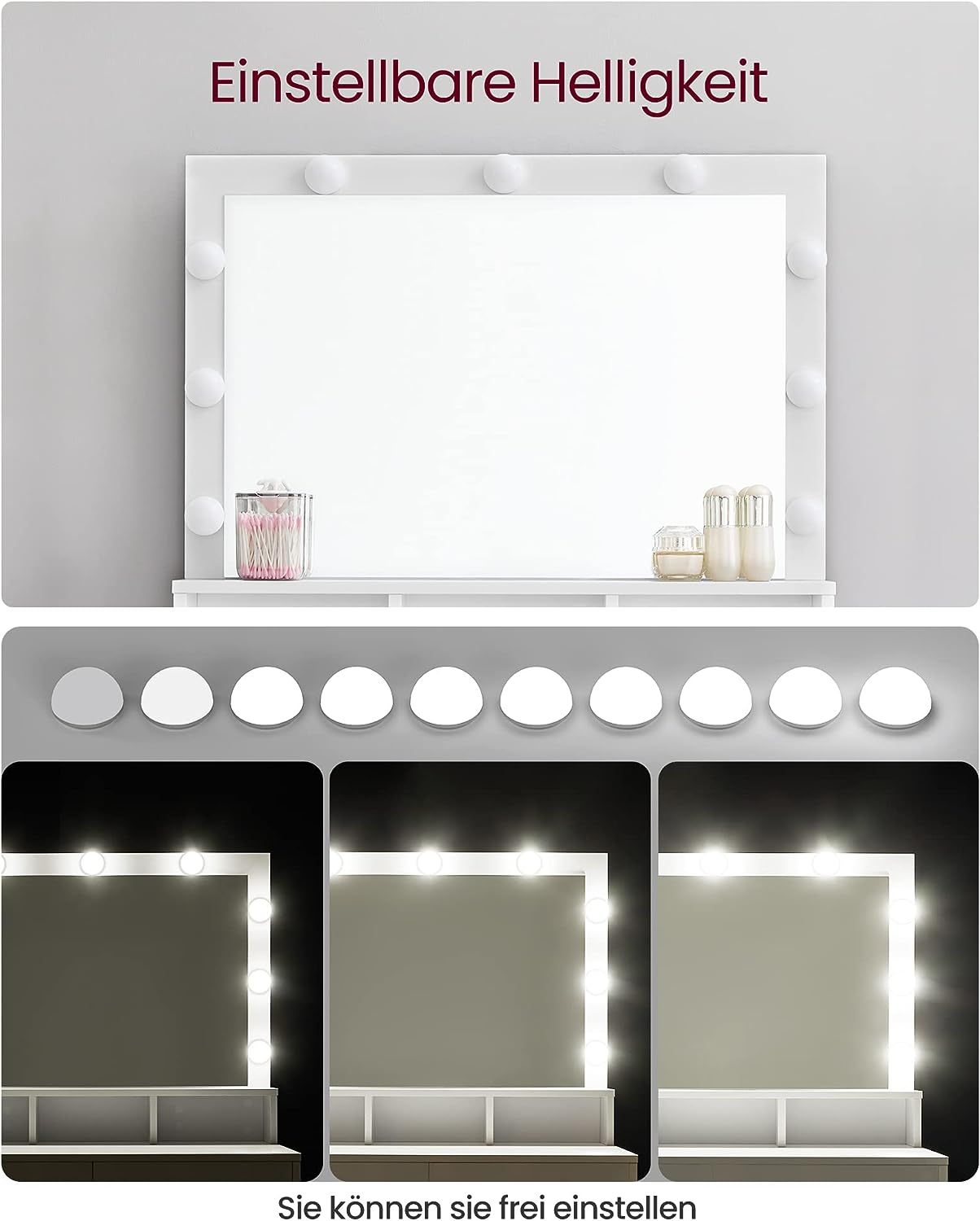 Masă de toaletă VASAGLE cu oglindă LED, 2 sertare și rafturi, alb