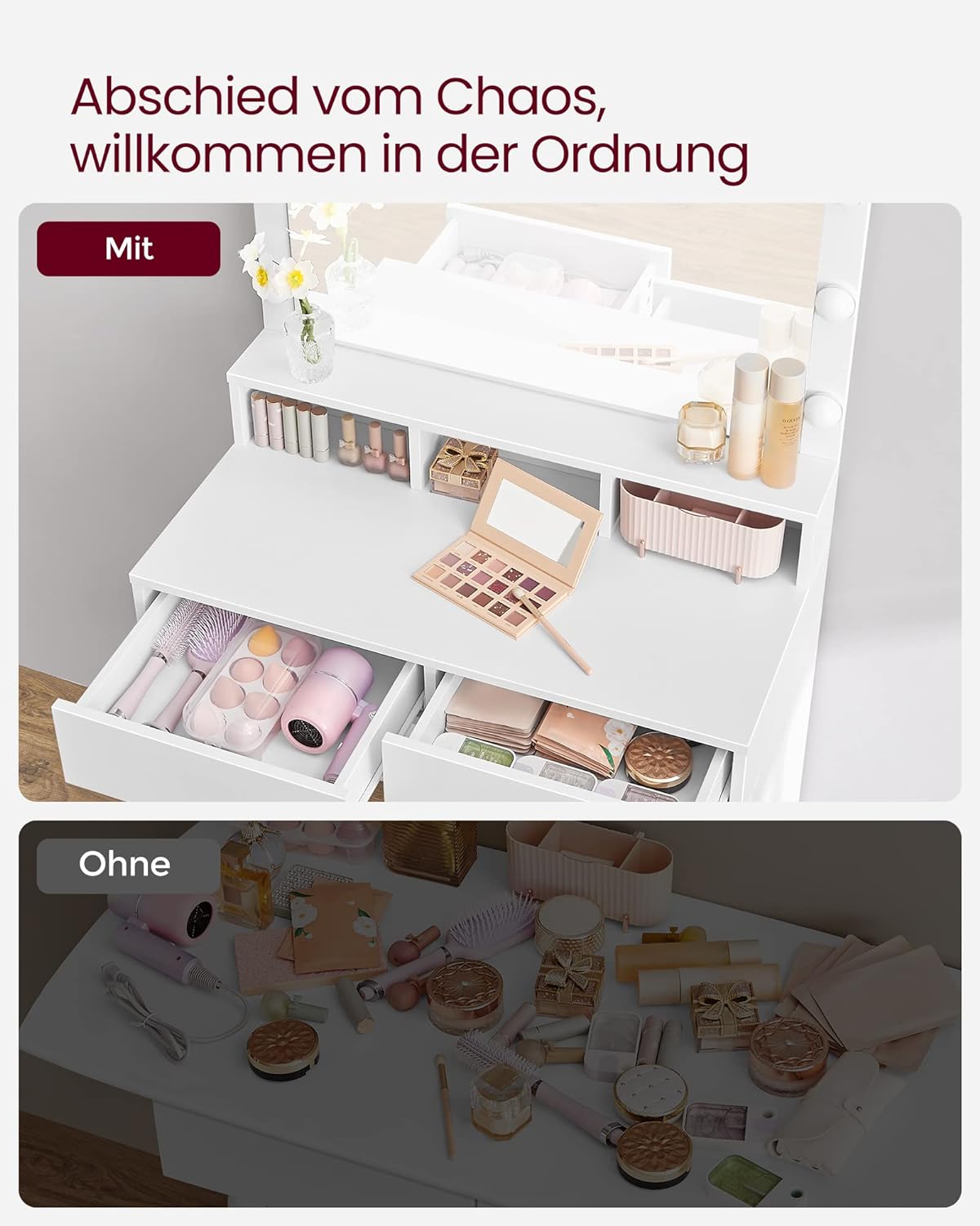 Masă de toaletă VASAGLE cu oglindă LED, 2 sertare și rafturi, alb