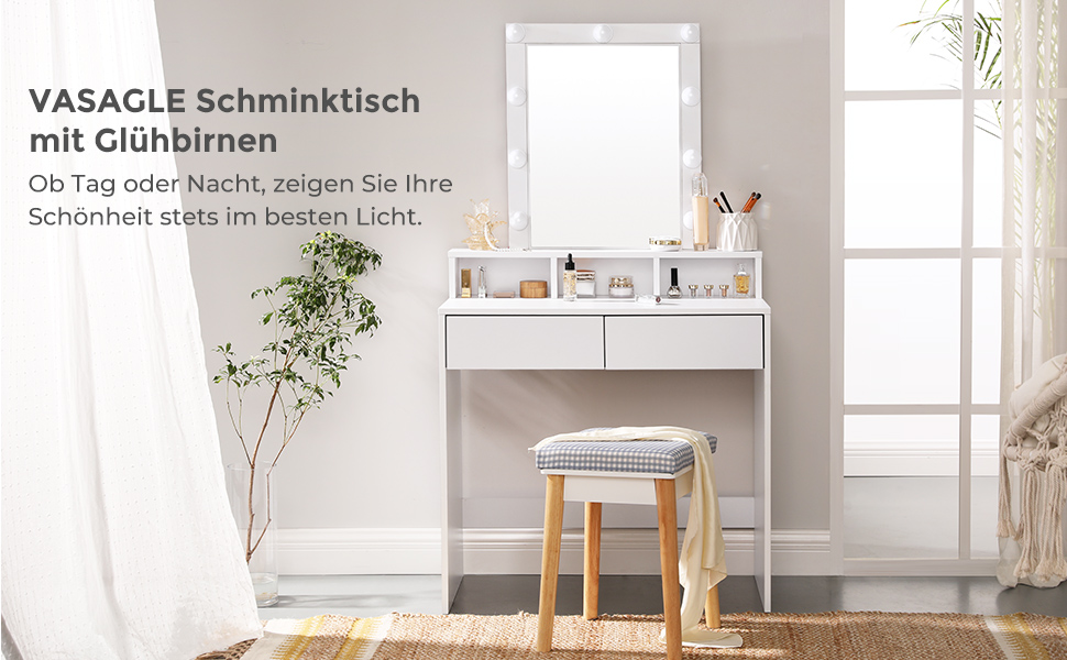 Masă de toaletă VASAGLE cu oglindă și 9 becuri, 2 sertare, alb, 80x40x145 cm