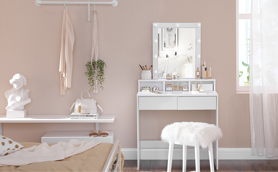 Masă de toaletă VASAGLE cu oglindă și 9 becuri, 2 sertare, alb, 80x40x145 cm