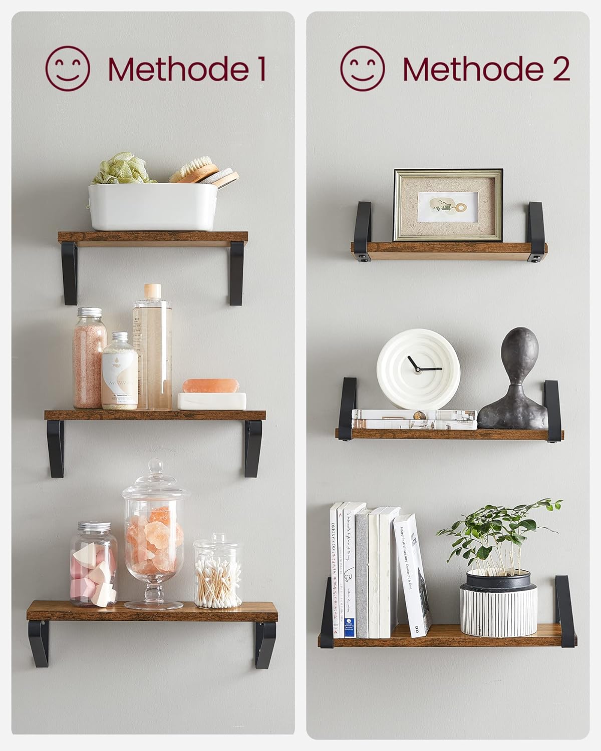 VASAGLE set 3 rafturi de perete industriale, maro rustic si negru