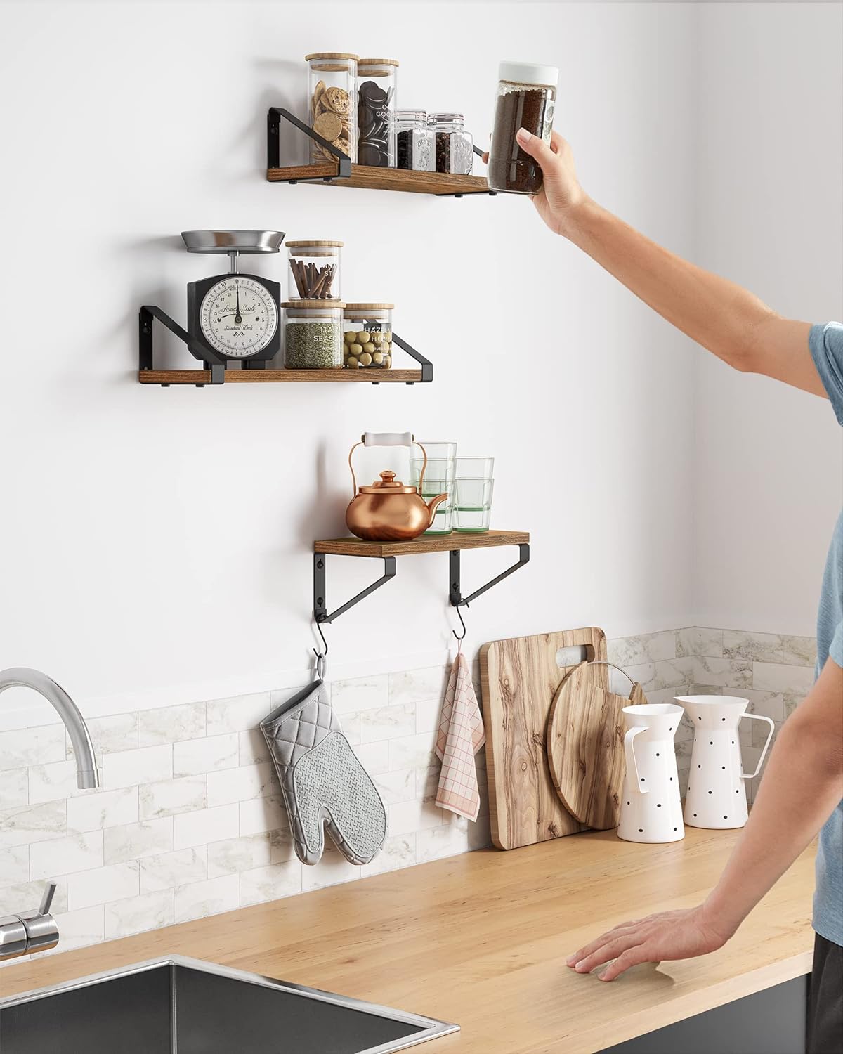 VASAGLE set 3 rafturi de perete industriale, maro rustic si negru