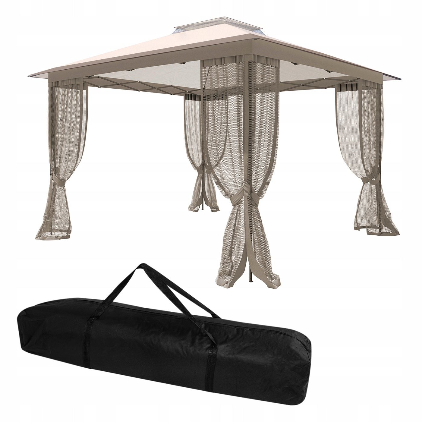 Cort pavilion de gradina tip pergola, automat pop-up, 300×300 cm, cu 4 pereti laterali cu plasa, impermeabil cu rezistenta UV, bej