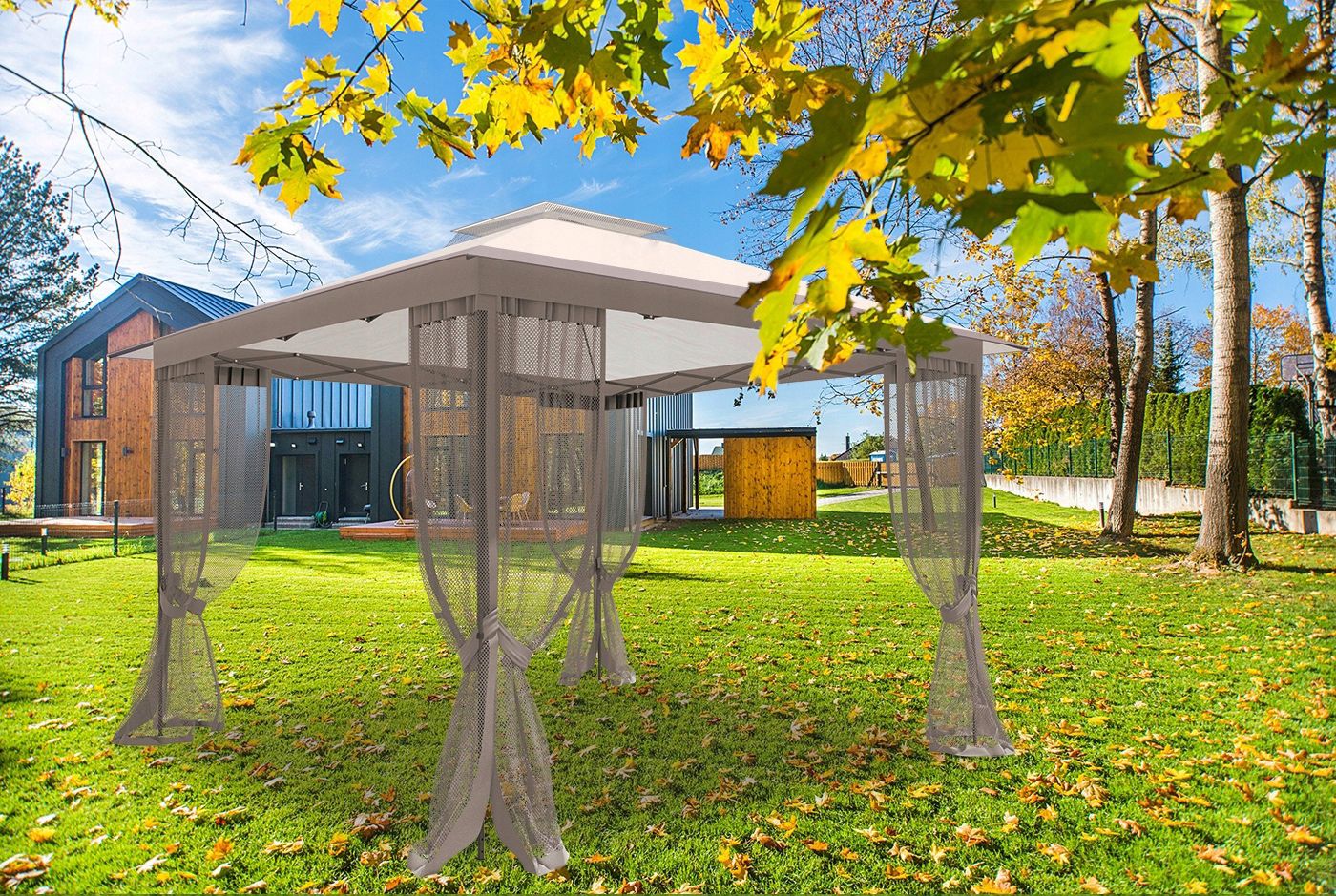 Cort pavilion de gradina tip pergola, automat pop-up, 300×300 cm, cu 4 pereti laterali cu plasa, impermeabil cu rezistenta UV, bej