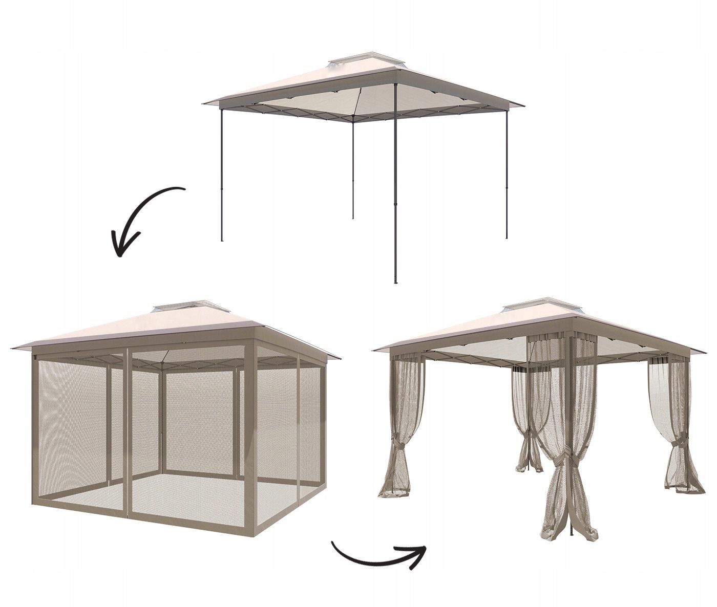 Cort pavilion de gradina tip pergola, automat pop-up, 300×300 cm, cu 4 pereti laterali cu plasa, impermeabil cu rezistenta UV, bej