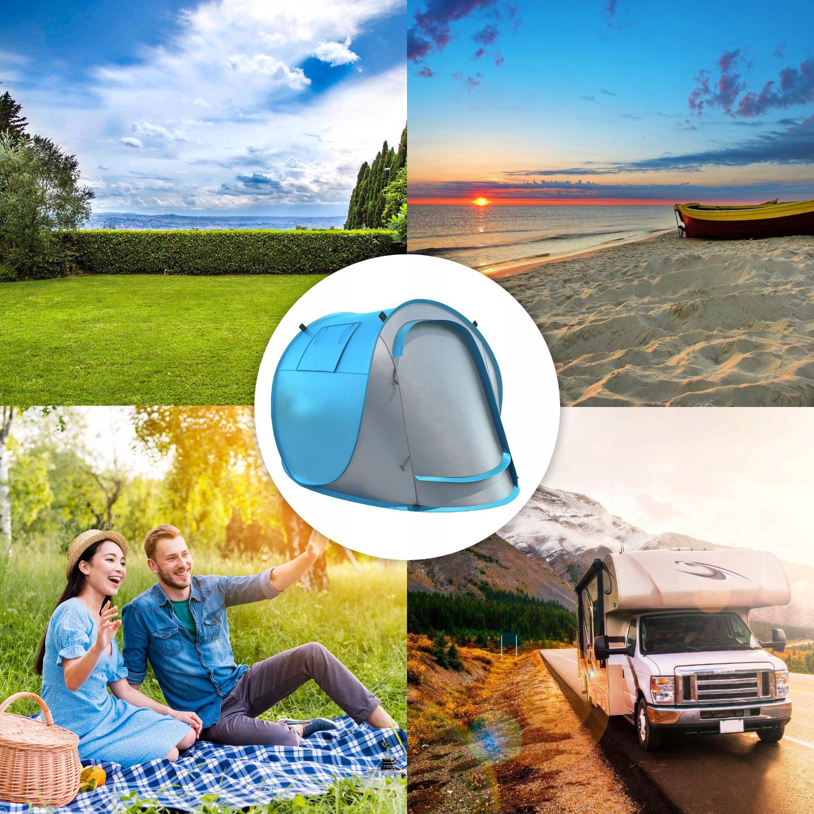 Cort de plaja si picnic Sersimo cu protectie UV, 210x130x90 cm, albastru-gri