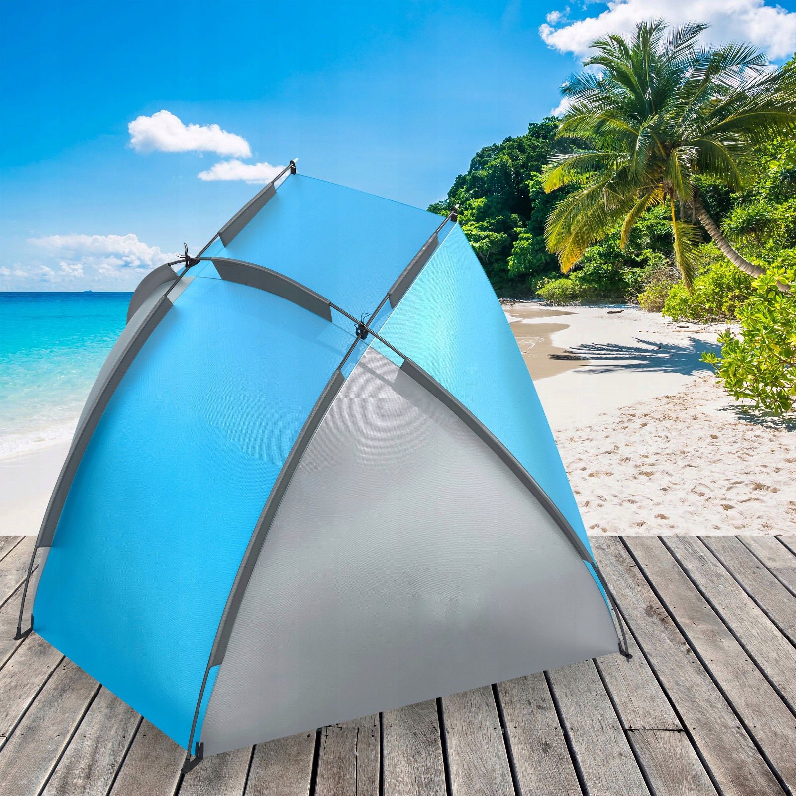 Cort de plaja si picnic Sersimo cu protectie UV, 220x115x120 cm, albastru gri