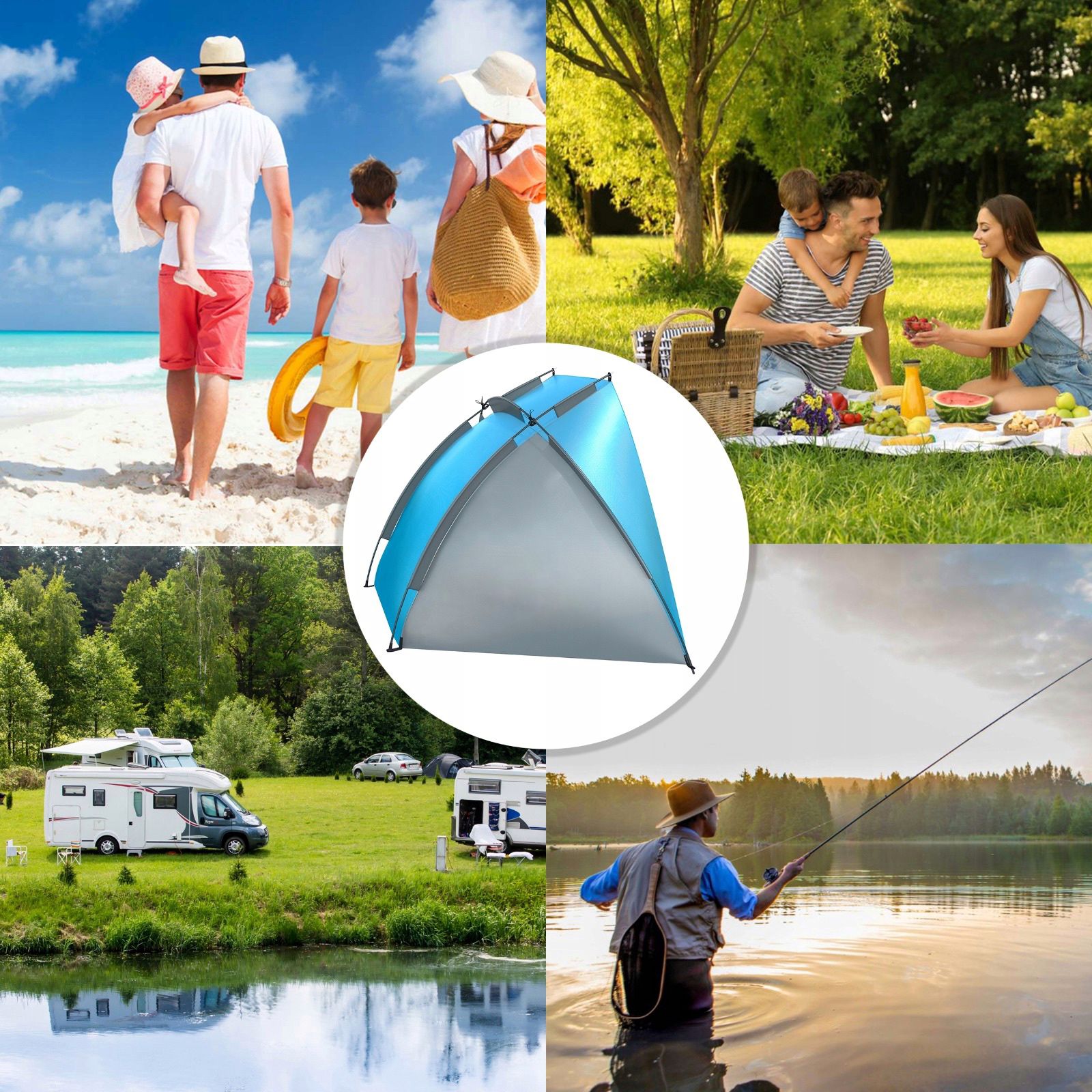 Cort de plaja si picnic Sersimo cu protectie UV, 220x115x120 cm, albastru gri