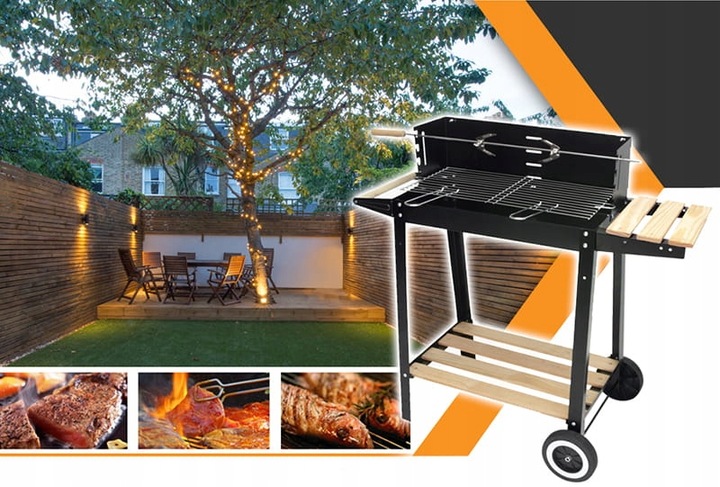 Grătar metalic pe cărbuni cu rotisor, grătar cromat și rafturi, 86x81,5x41 cm