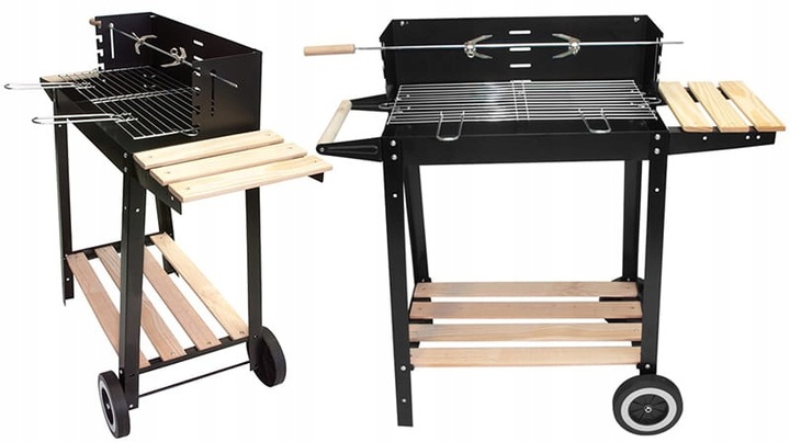 Grătar metalic pe cărbuni cu rotisor, grătar cromat și rafturi, 86x81,5x41 cm