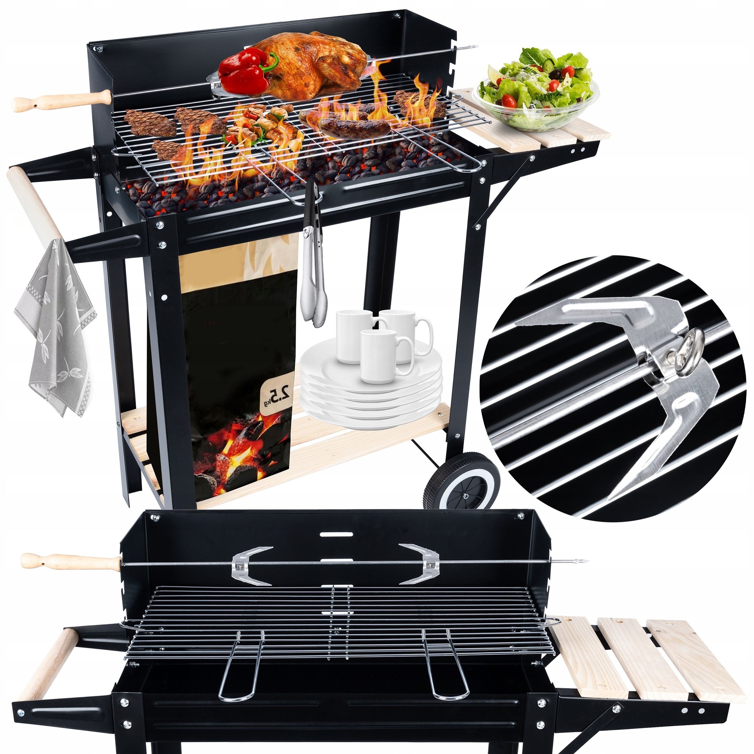 Grătar metalic pe cărbuni cu rotisor, grătar cromat și rafturi, 86x81,5x41 cm