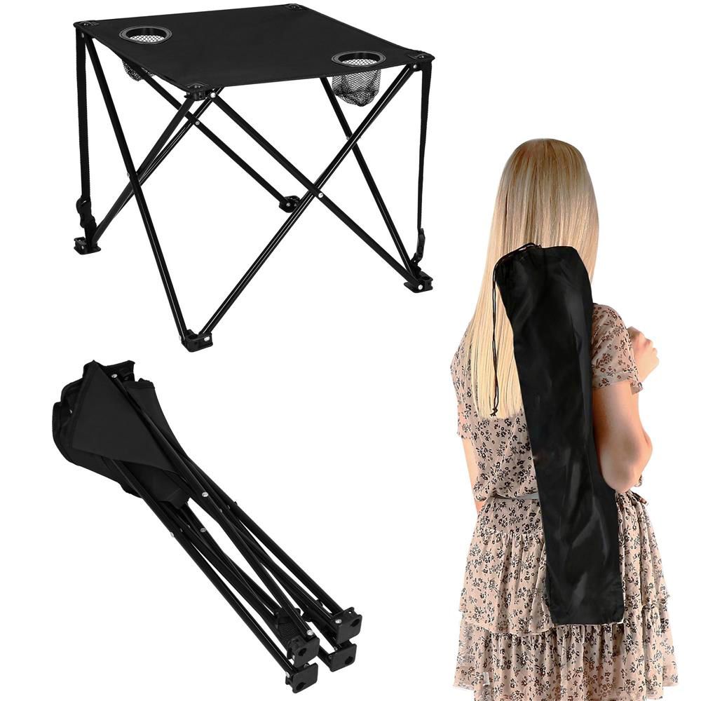 Masă pliantă pentru camping și pescuit, cu 2 suporturi pahare, negru