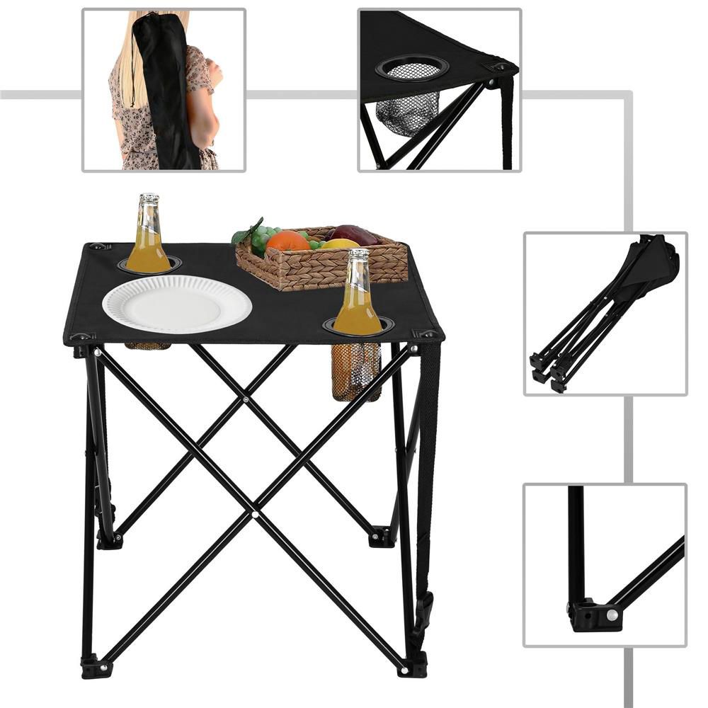 Masă pliantă pentru camping și pescuit, cu 2 suporturi pahare, negru