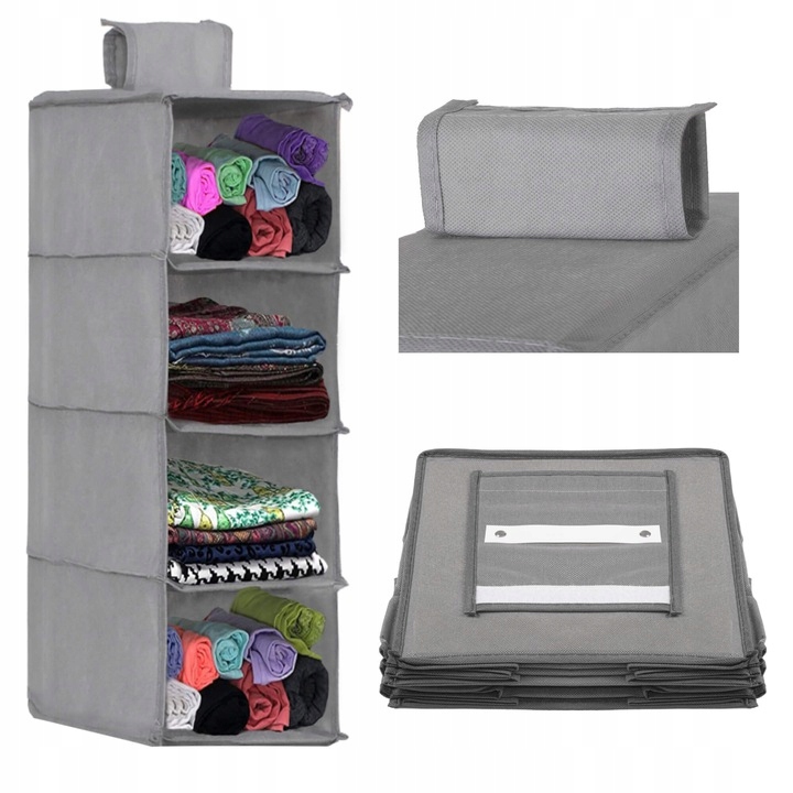 Organizator suspendat pentru dulap Sersimo, 4 compartimente, textil, gri, 80 cm