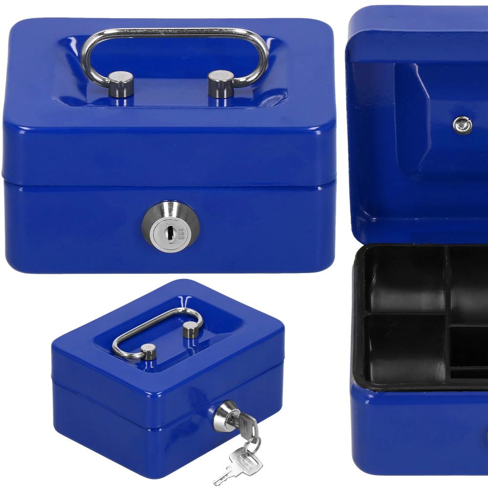 Caseta pentru bani metalica cu cheie, 6 compartimente, 12,5x9,5x6,5 cm, albastra