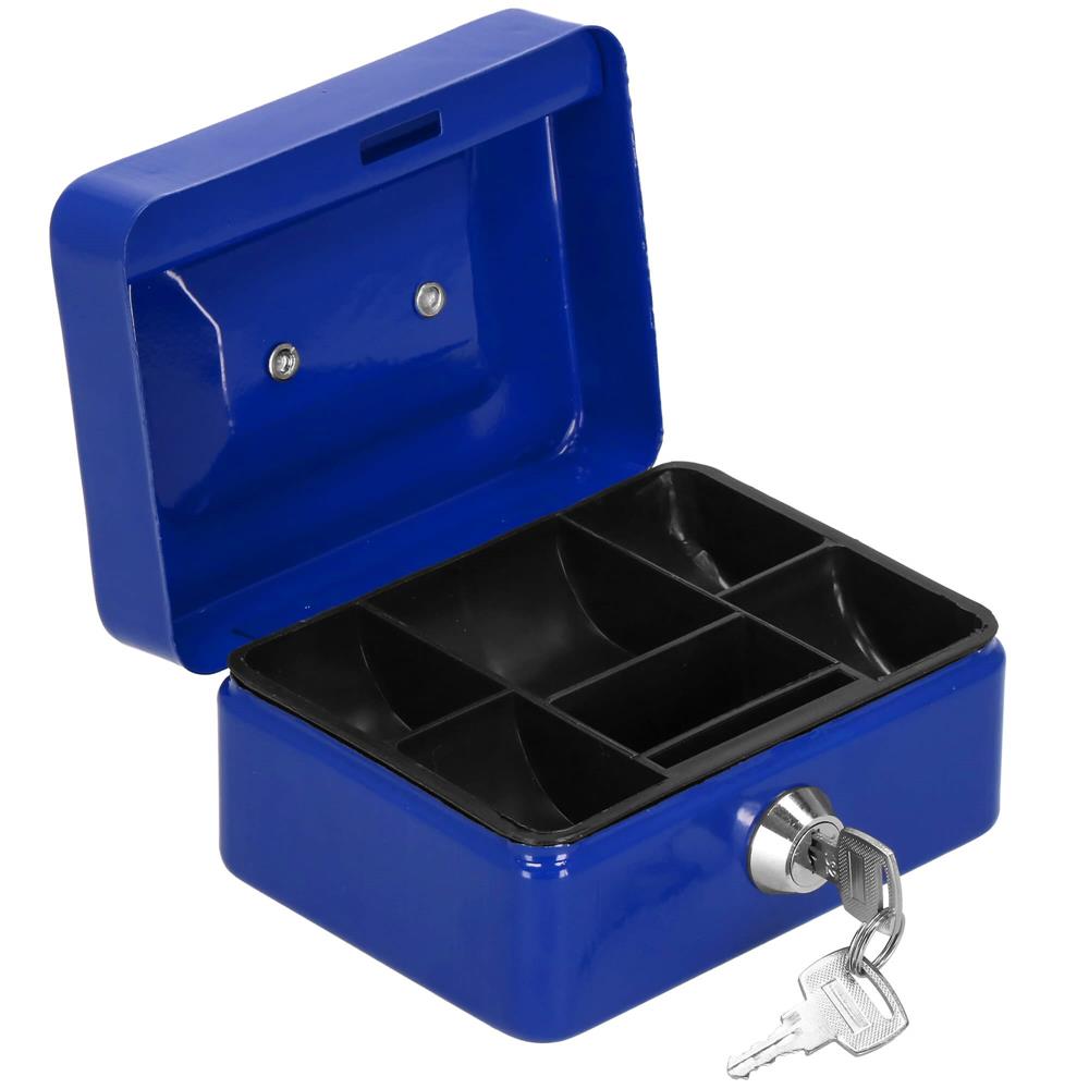 Caseta pentru bani metalica cu cheie, 6 compartimente, 12,5x9,5x6,5 cm, albastra