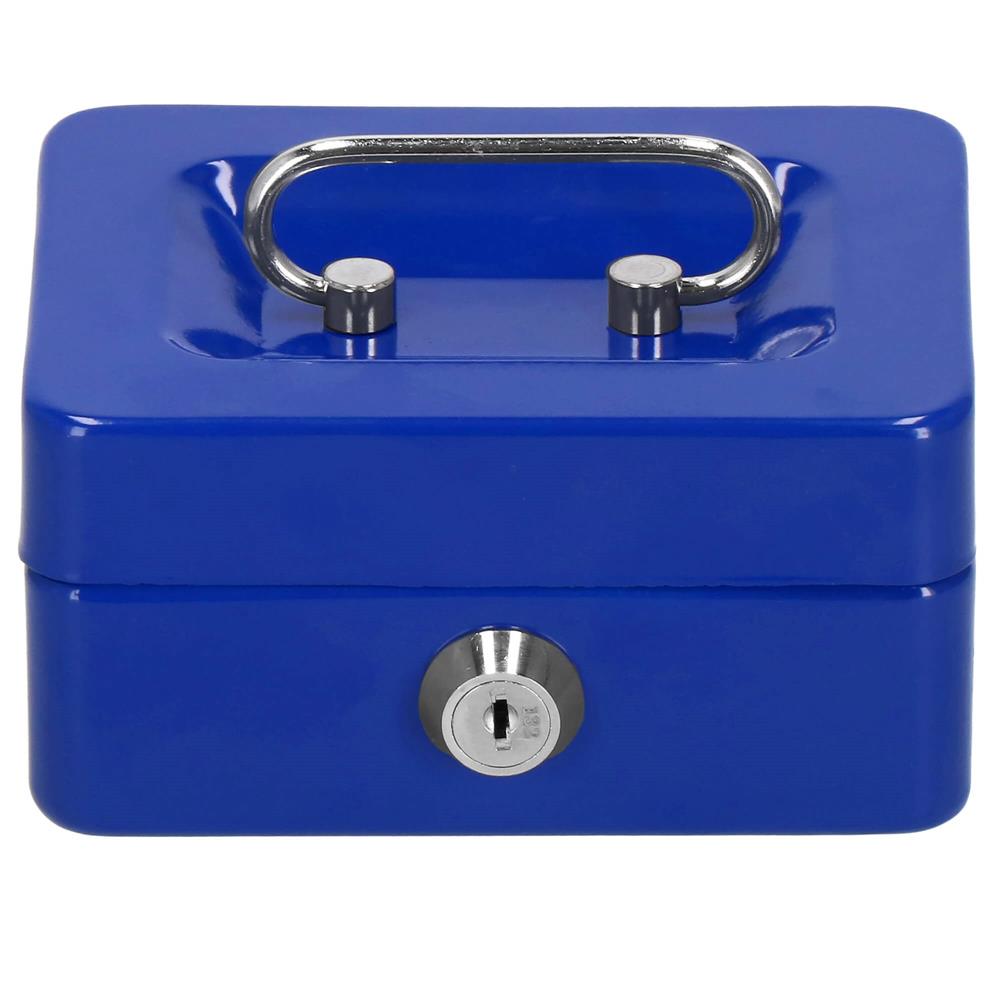 Caseta pentru bani metalica cu cheie, 6 compartimente, 12,5x9,5x6,5 cm, albastra