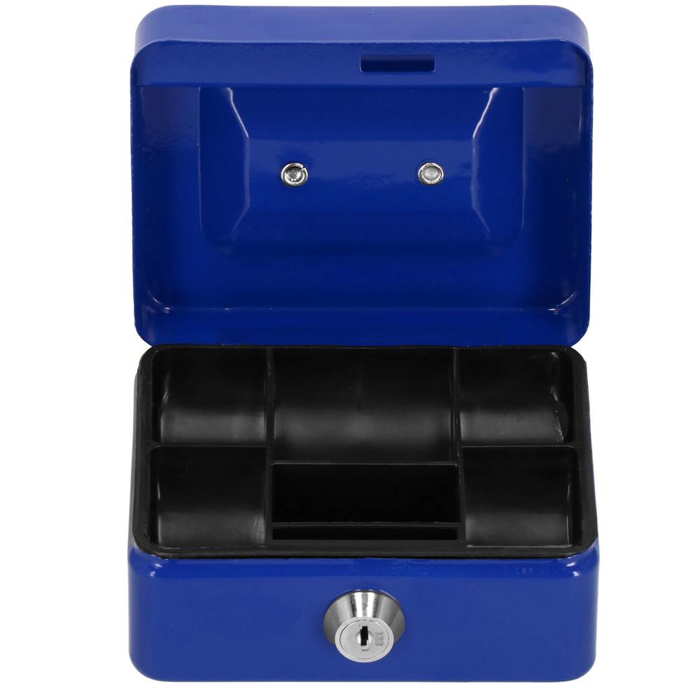 Caseta pentru bani metalica cu cheie, 6 compartimente, 12,5x9,5x6,5 cm, albastra
