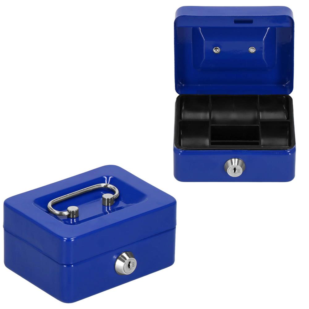 Caseta pentru bani metalica cu cheie, 6 compartimente, 12,5x9,5x6,5 cm, albastra