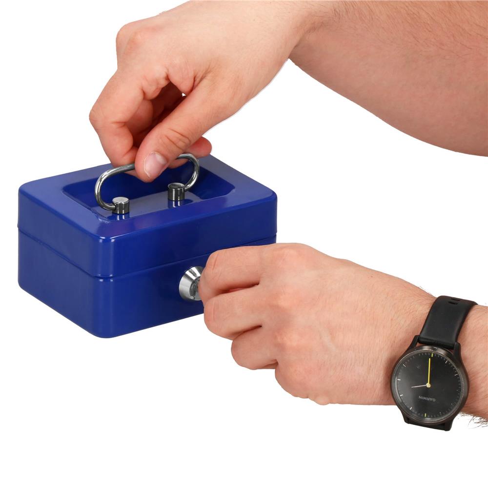 Caseta pentru bani metalica cu cheie, 6 compartimente, 12,5x9,5x6,5 cm, albastra