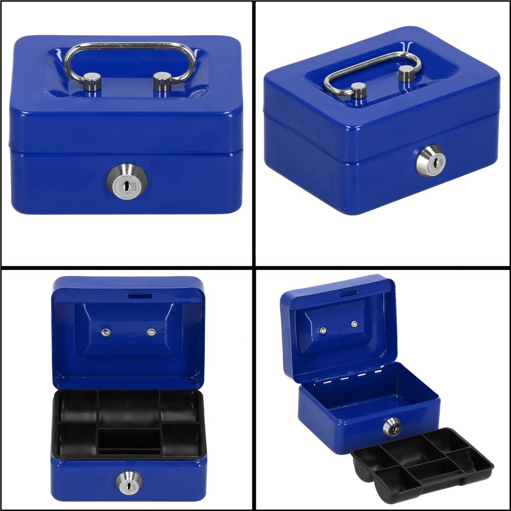 Caseta pentru bani metalica cu cheie, 6 compartimente, 12,5x9,5x6,5 cm, albastra
