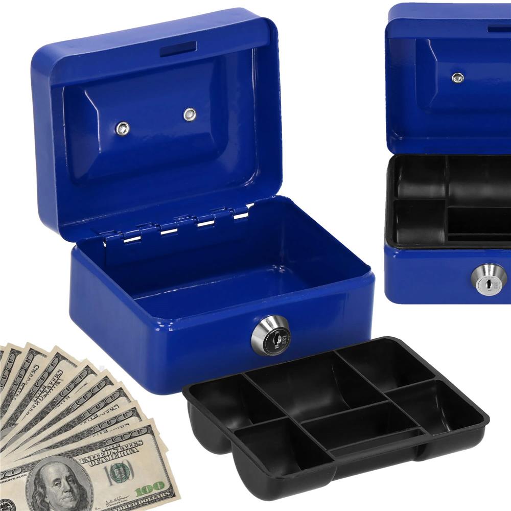 Caseta pentru bani metalica cu cheie, 6 compartimente, 12,5x9,5x6,5 cm, albastra