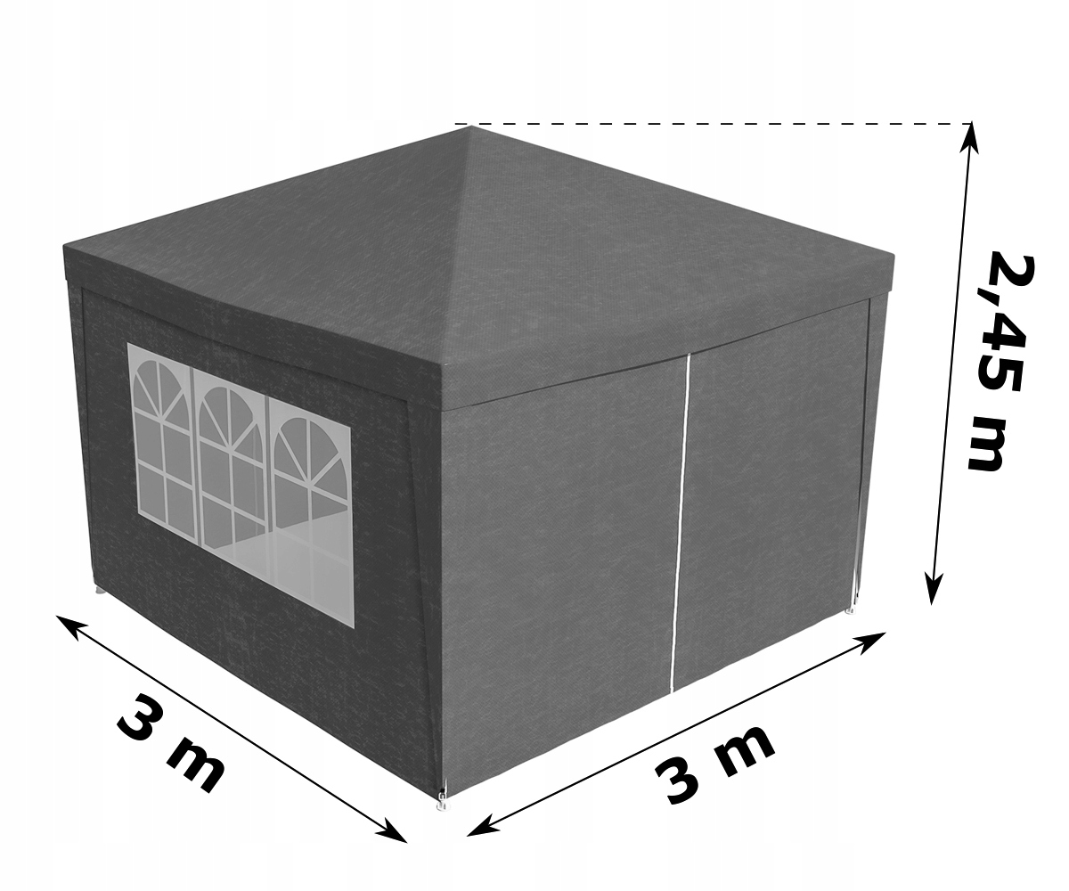 Cort pavilion de gradina, 300x300 cm, cu 4 pereti laterali cu ferestre, impermeabil cu rezistenta UV, gri