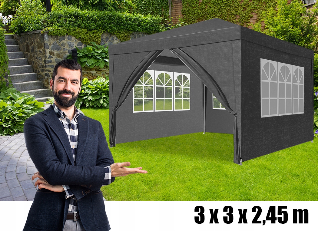 Cort pavilion de gradina, 300x300 cm, cu 4 pereti laterali cu ferestre, impermeabil cu rezistenta UV, gri