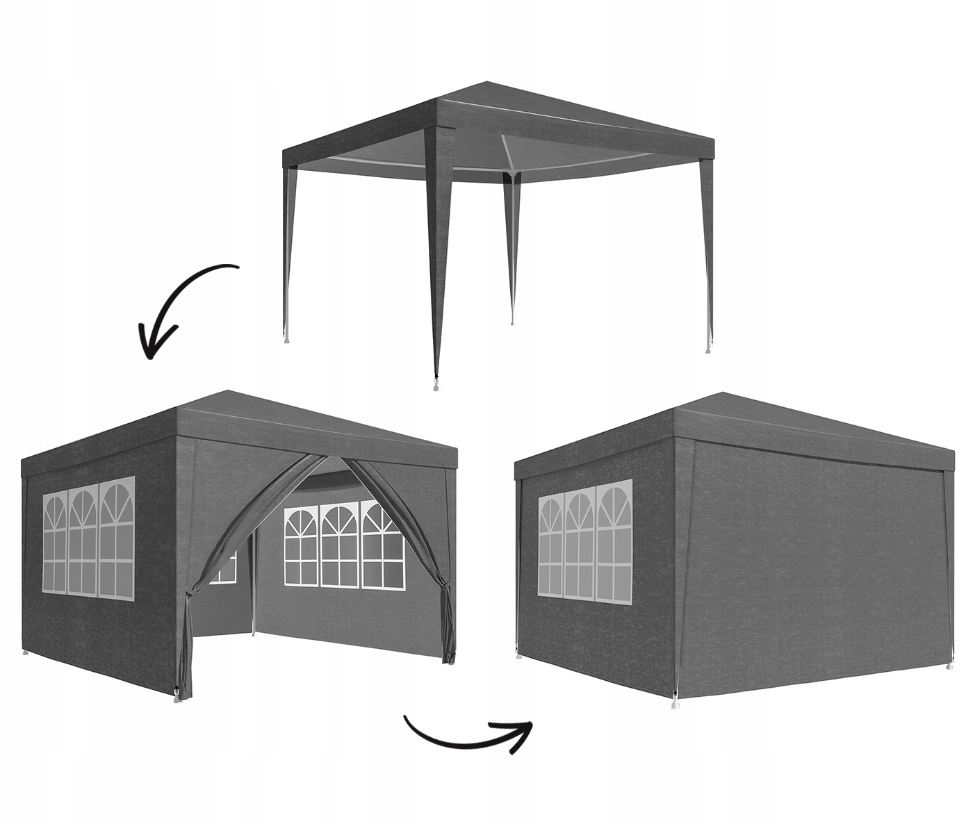 Cort pavilion de gradina, 300x300 cm, cu 4 pereti laterali cu ferestre, impermeabil cu rezistenta UV, gri