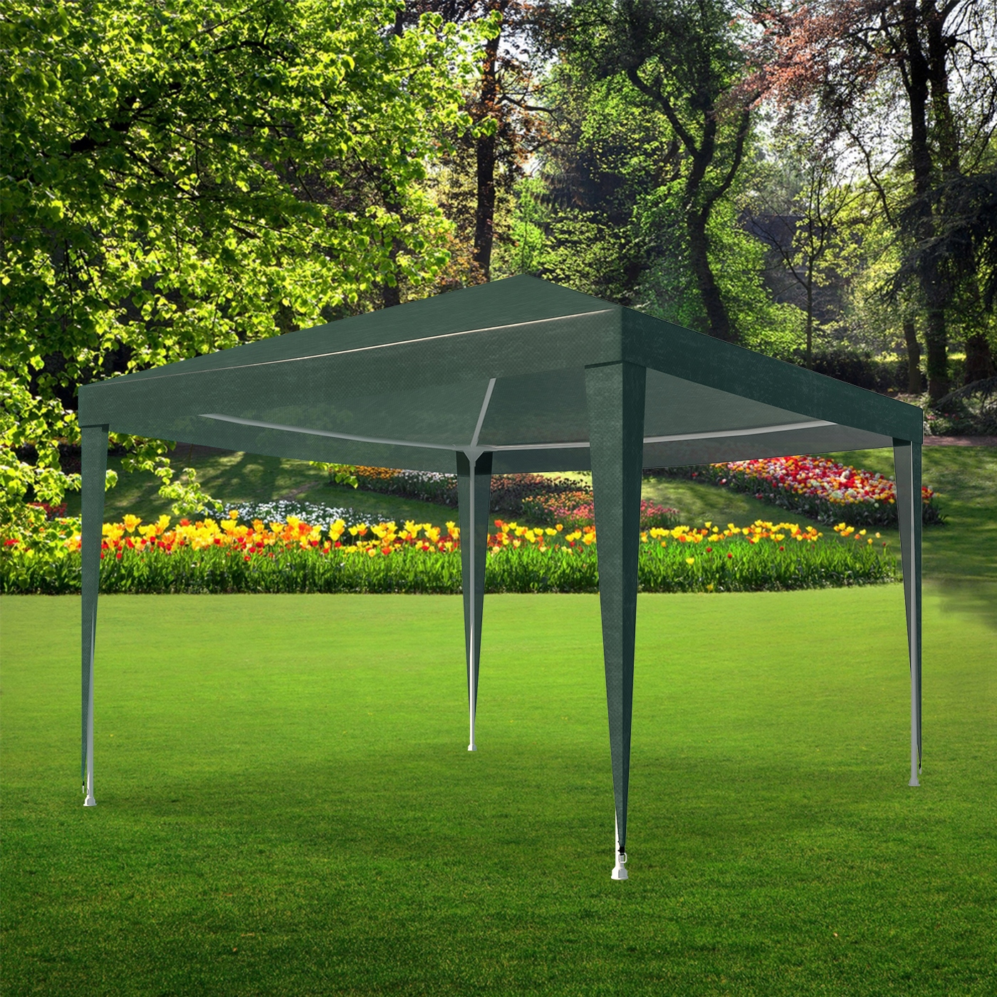 Cort pavilion de gradina, 300x300 cm, cu 4 pereti laterali cu ferestre, impermeabil cu rezistenta UV, verde
