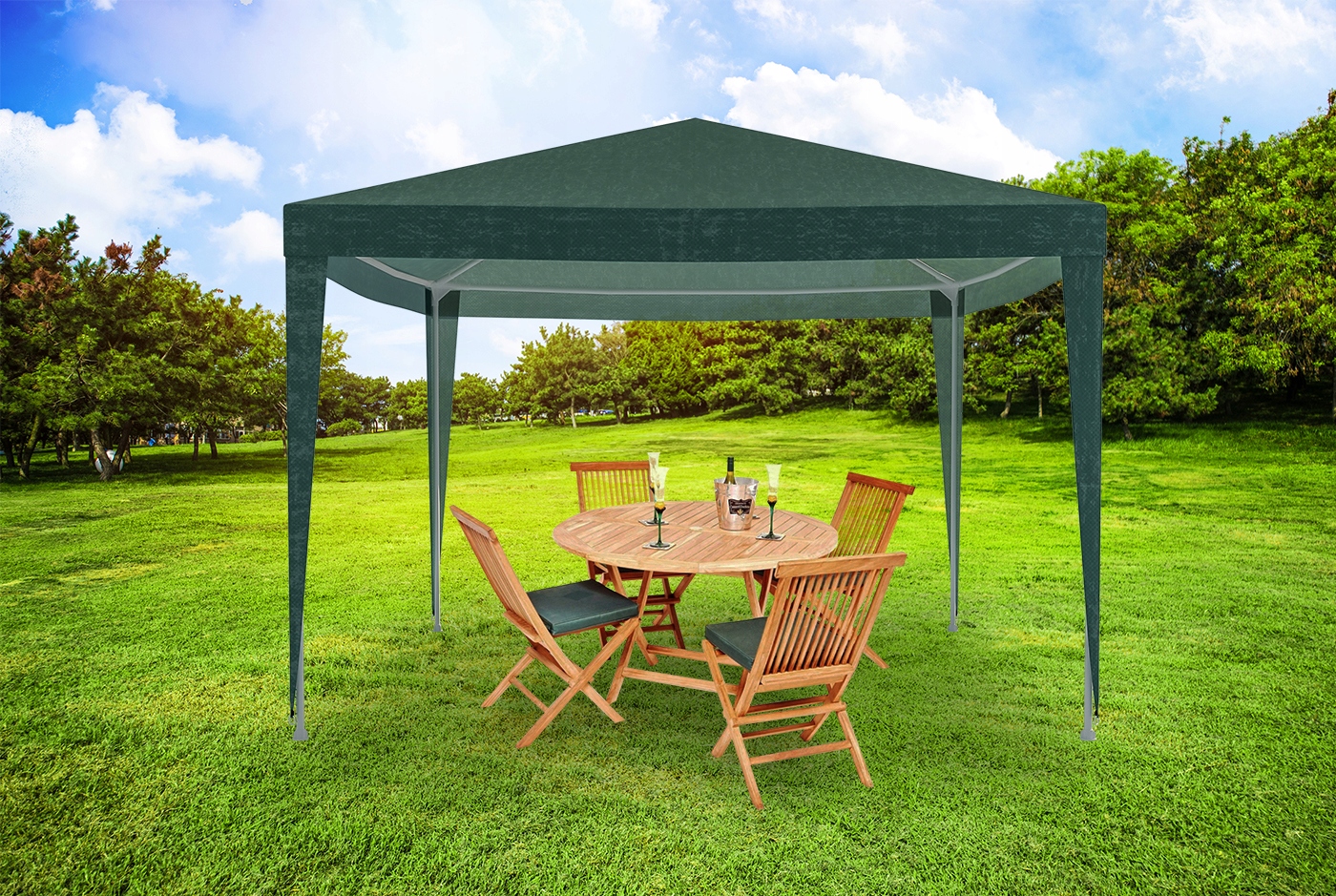 Cort pavilion de gradina, 300x300 cm, cu 4 pereti laterali cu ferestre, impermeabil cu rezistenta UV, verde