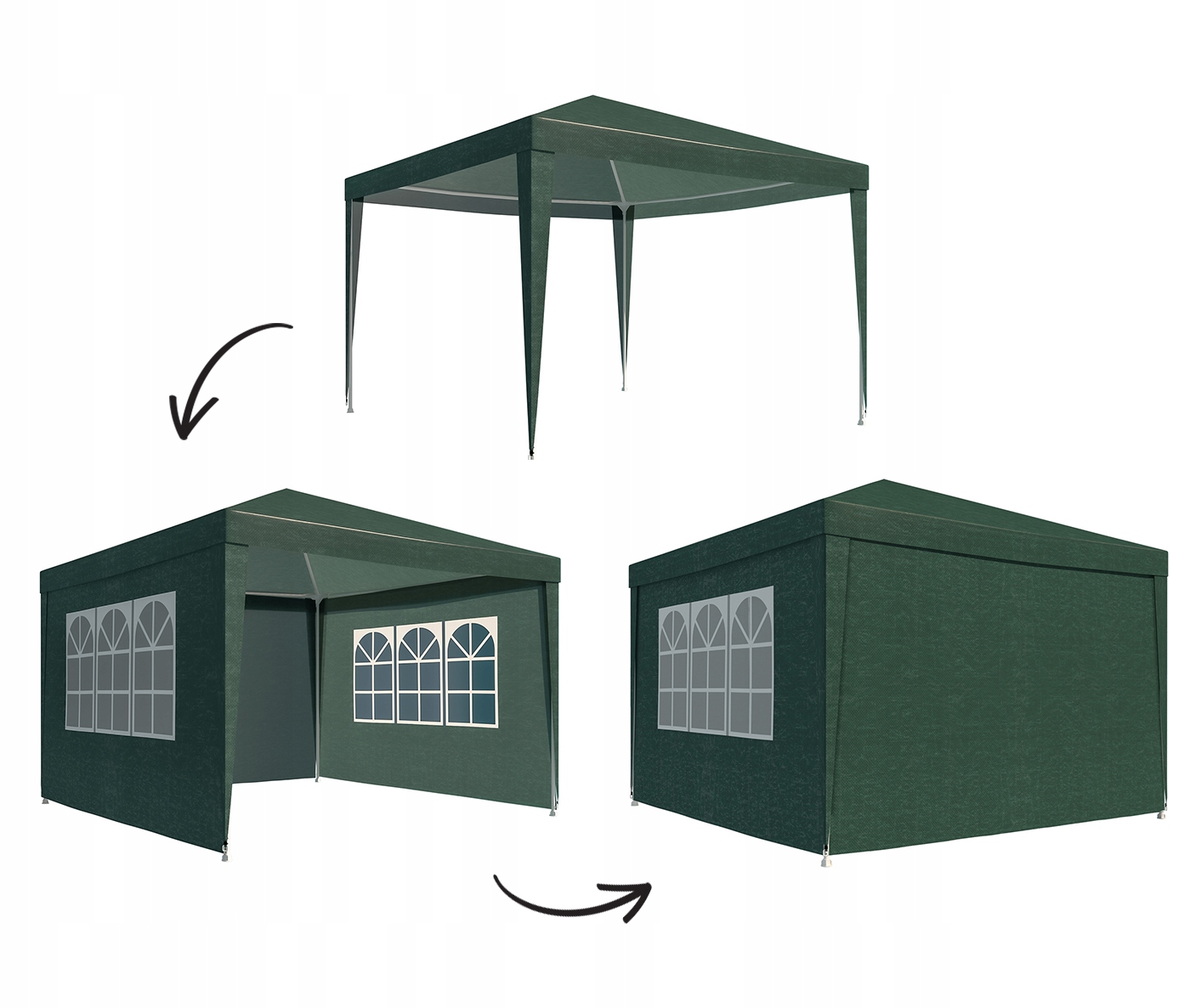 Cort pavilion de gradina, 300x300 cm, cu 4 pereti laterali cu ferestre, impermeabil cu rezistenta UV, verde