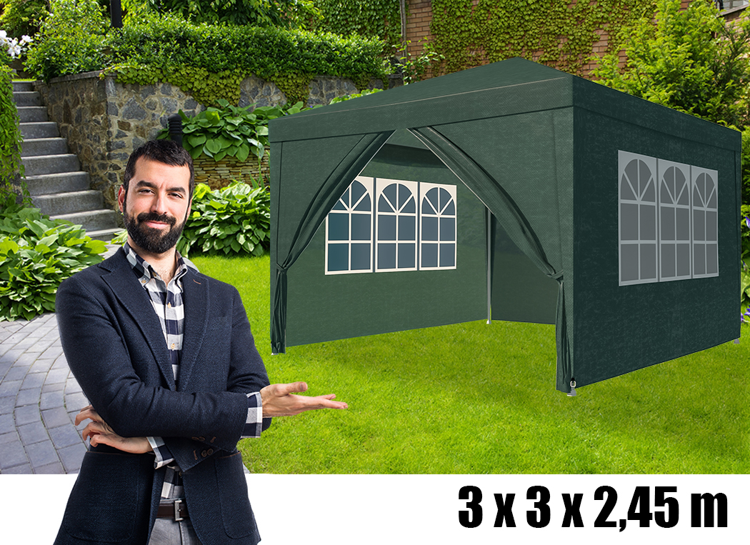 Cort pavilion de gradina, 300x300 cm, cu 4 pereti laterali cu ferestre, impermeabil cu rezistenta UV, verde