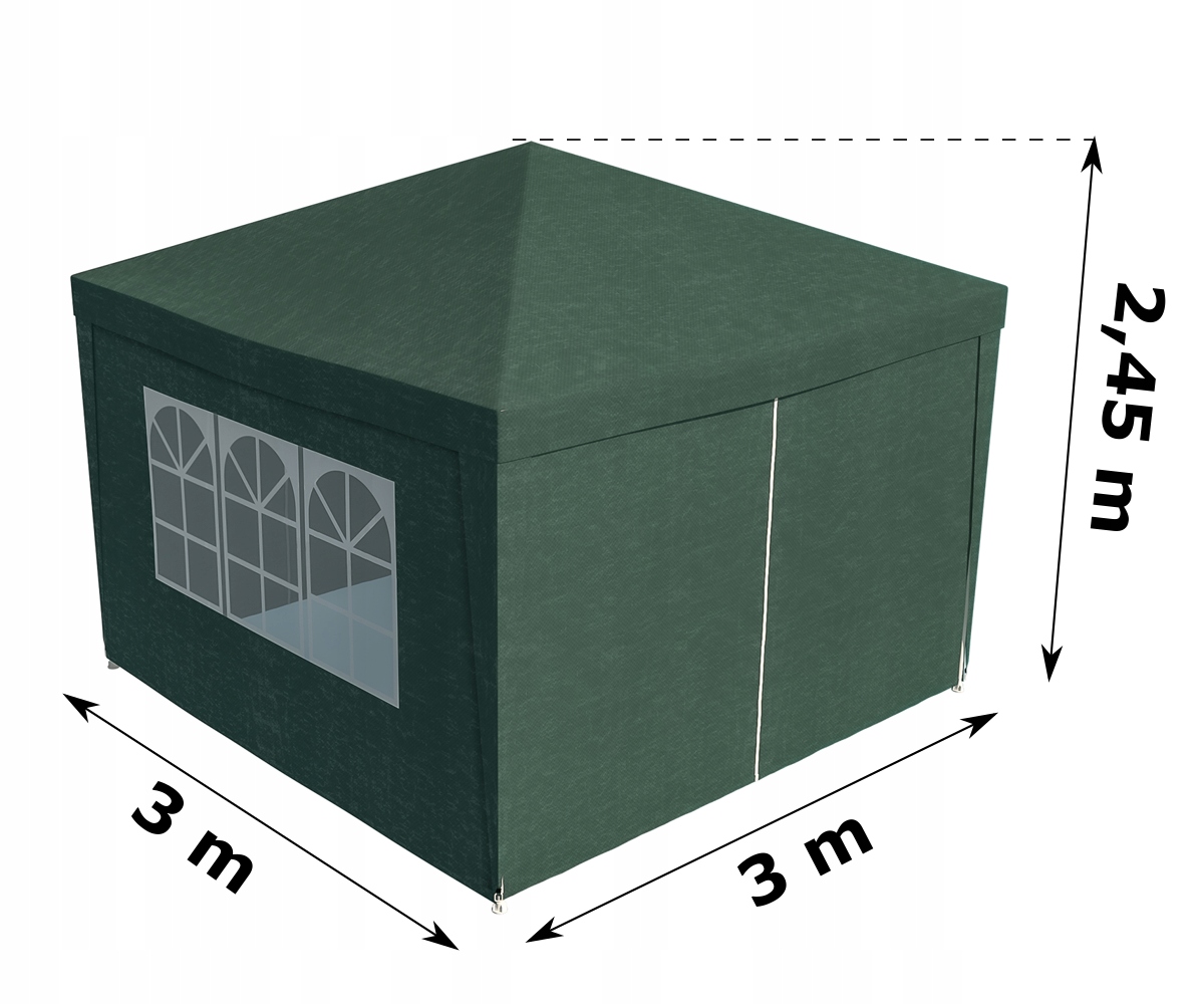 Cort pavilion de gradina, 300x300 cm, cu 4 pereti laterali cu ferestre, impermeabil cu rezistenta UV, verde