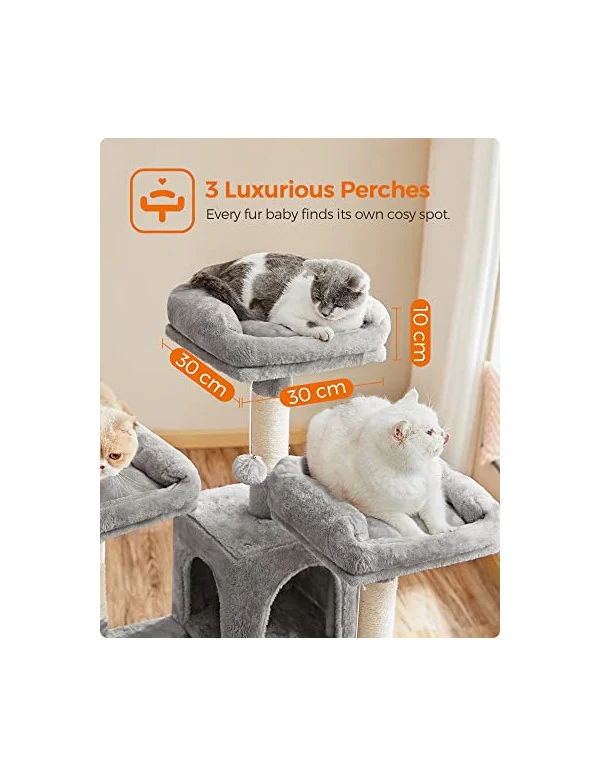 FEANDREA Ansamblu de joaca pentru pisici, tip copac, cu 4 culcusuri si 2 ascunzatoare, 54x49x169cm, gri