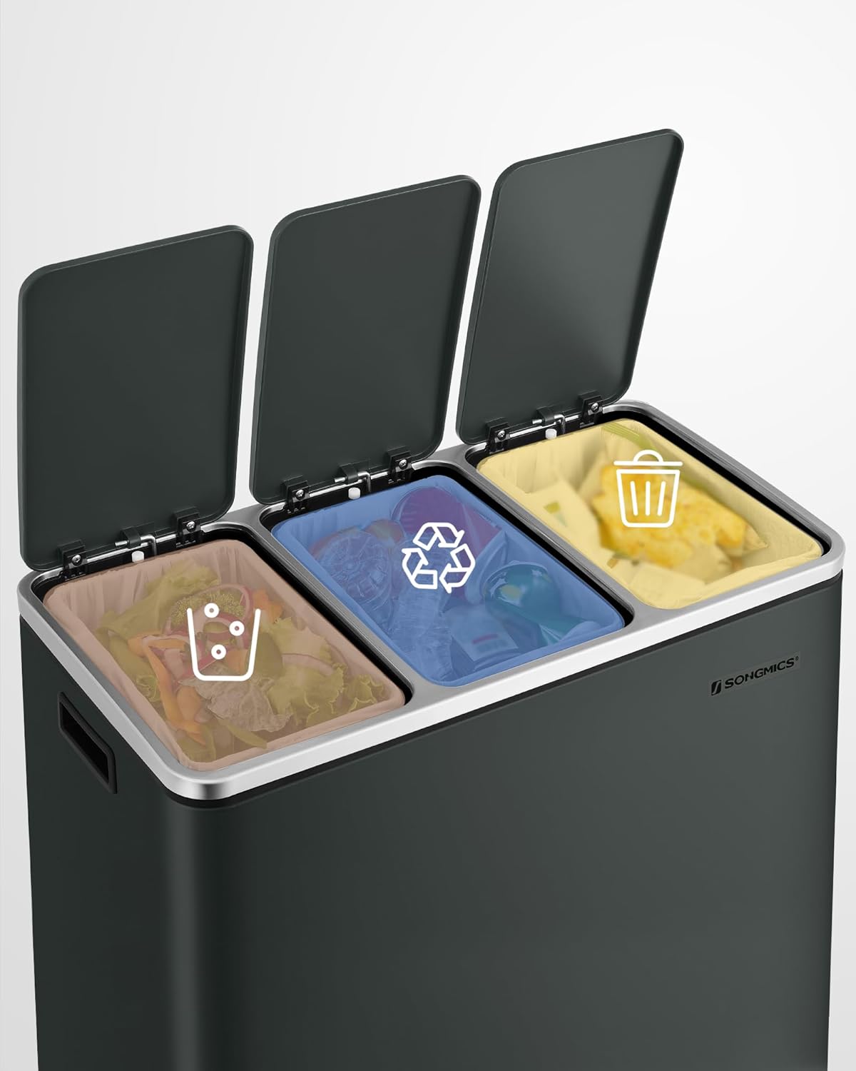 Cos de gunoi reciclare Songmics din inox, 3 compartimente, 54L, gri inchis