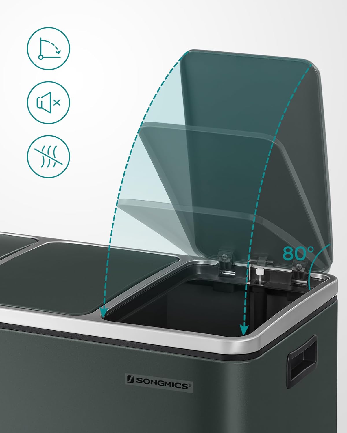 Cos de gunoi reciclare Songmics din inox, 3 compartimente, 54L, gri inchis
