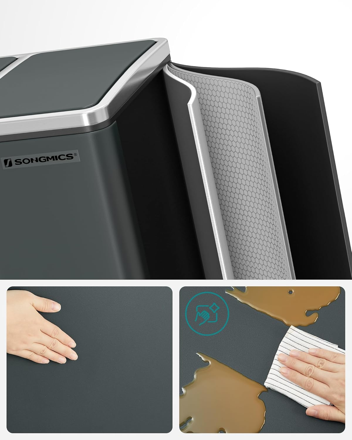 Cos de gunoi reciclare Songmics din inox, 3 compartimente, 54L, gri inchis