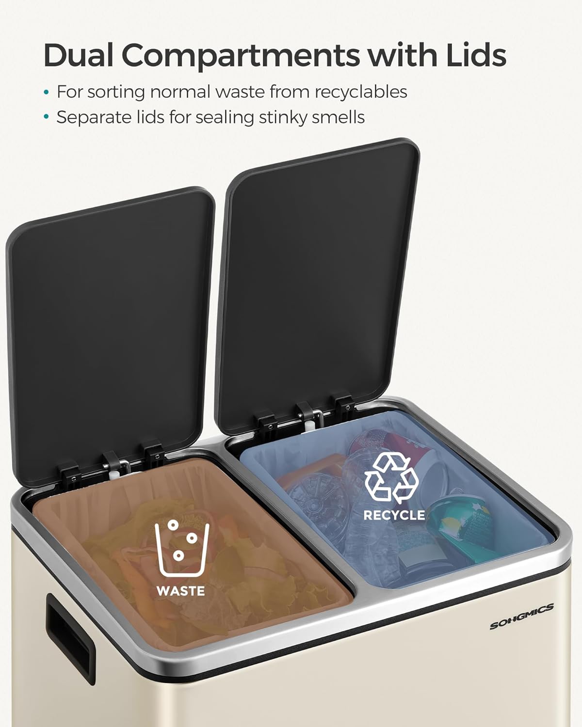 Coș de gunoi dublu SONGMICS 2x15L cu pedale separate și soft-close, bej