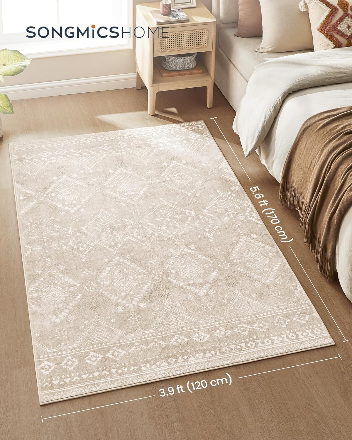 Covor decorativ boho antiderapant lavabil, 120x170 cm, bej cappuccino