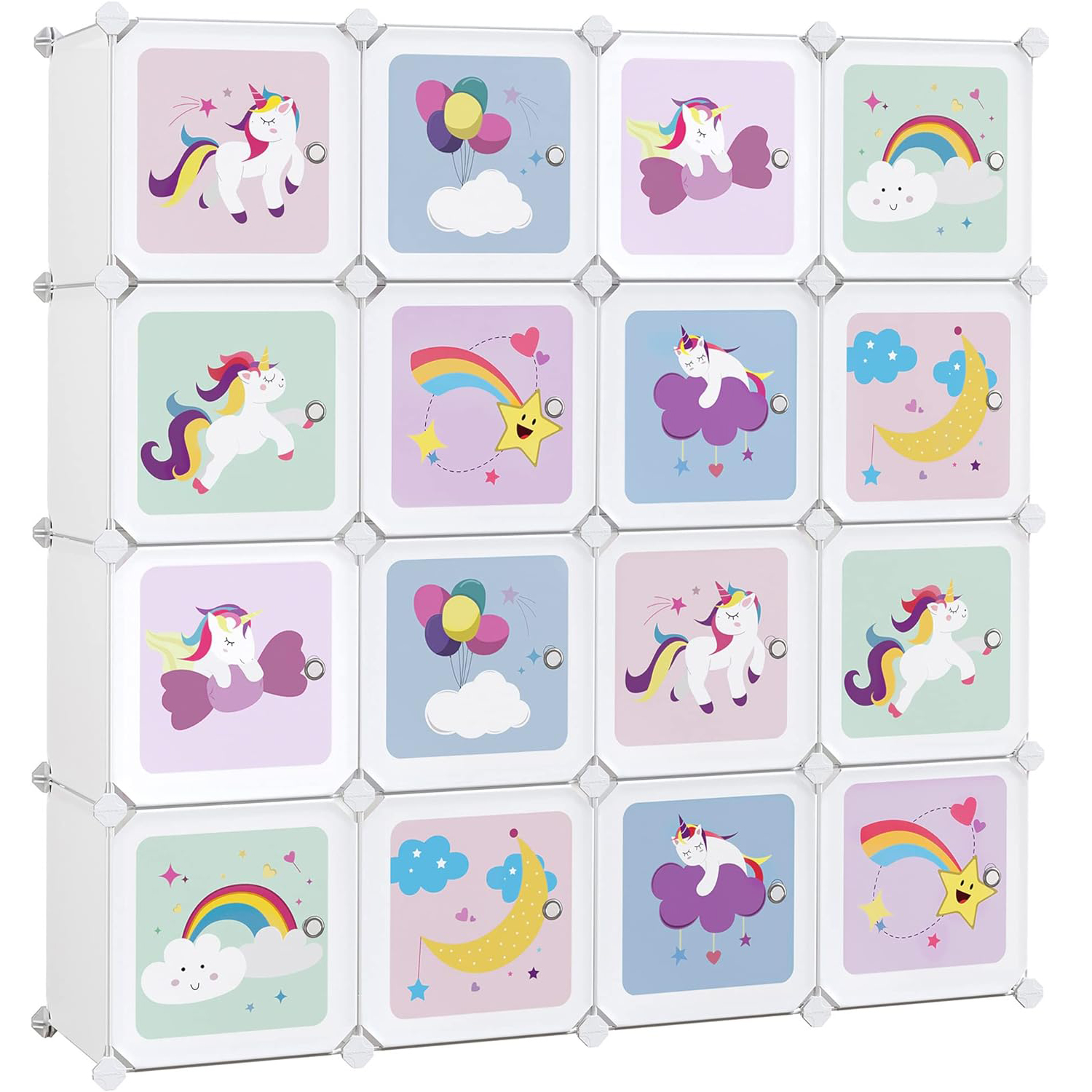 Dulap modular pentru jucarii Songmics, 16 cuburi cu usi, alb, 123x31x123 cm