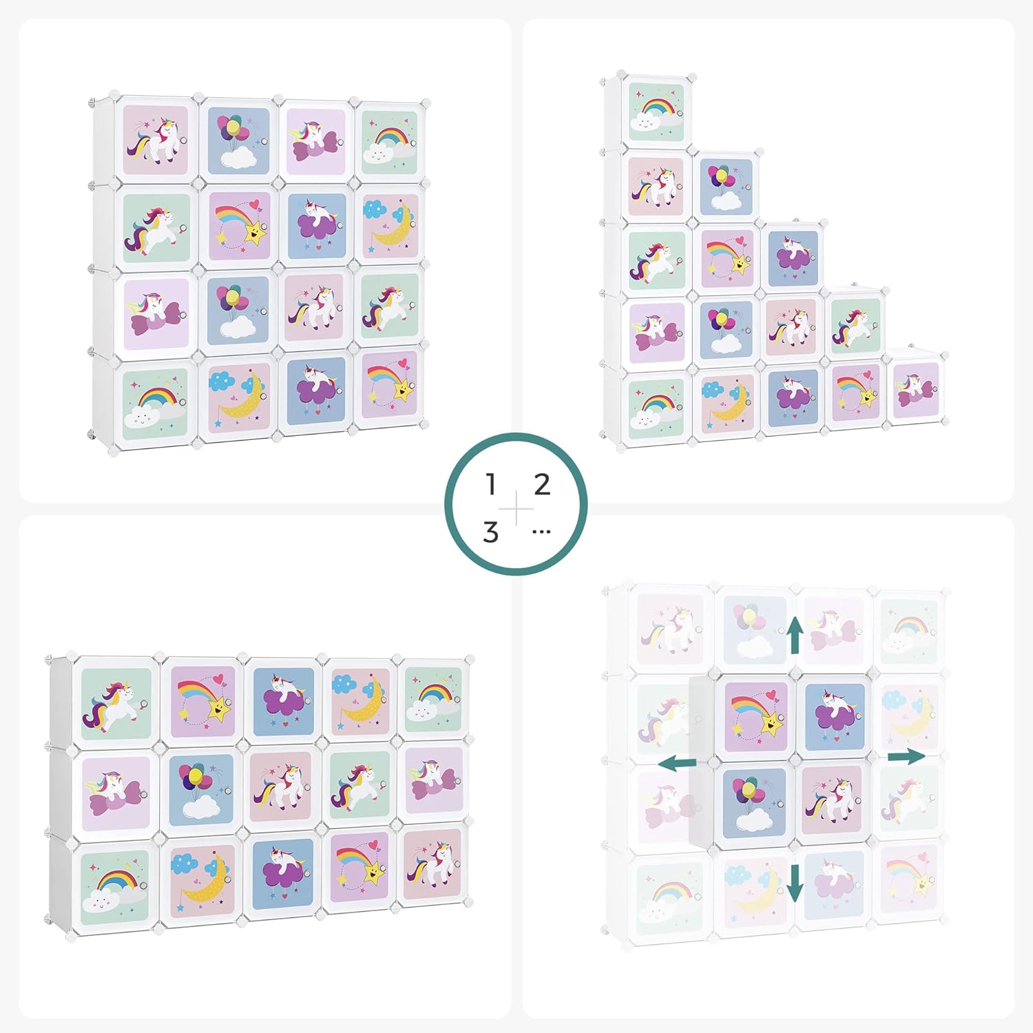 Dulap modular pentru jucarii Songmics, 16 cuburi cu usi, alb, 123x31x123 cm