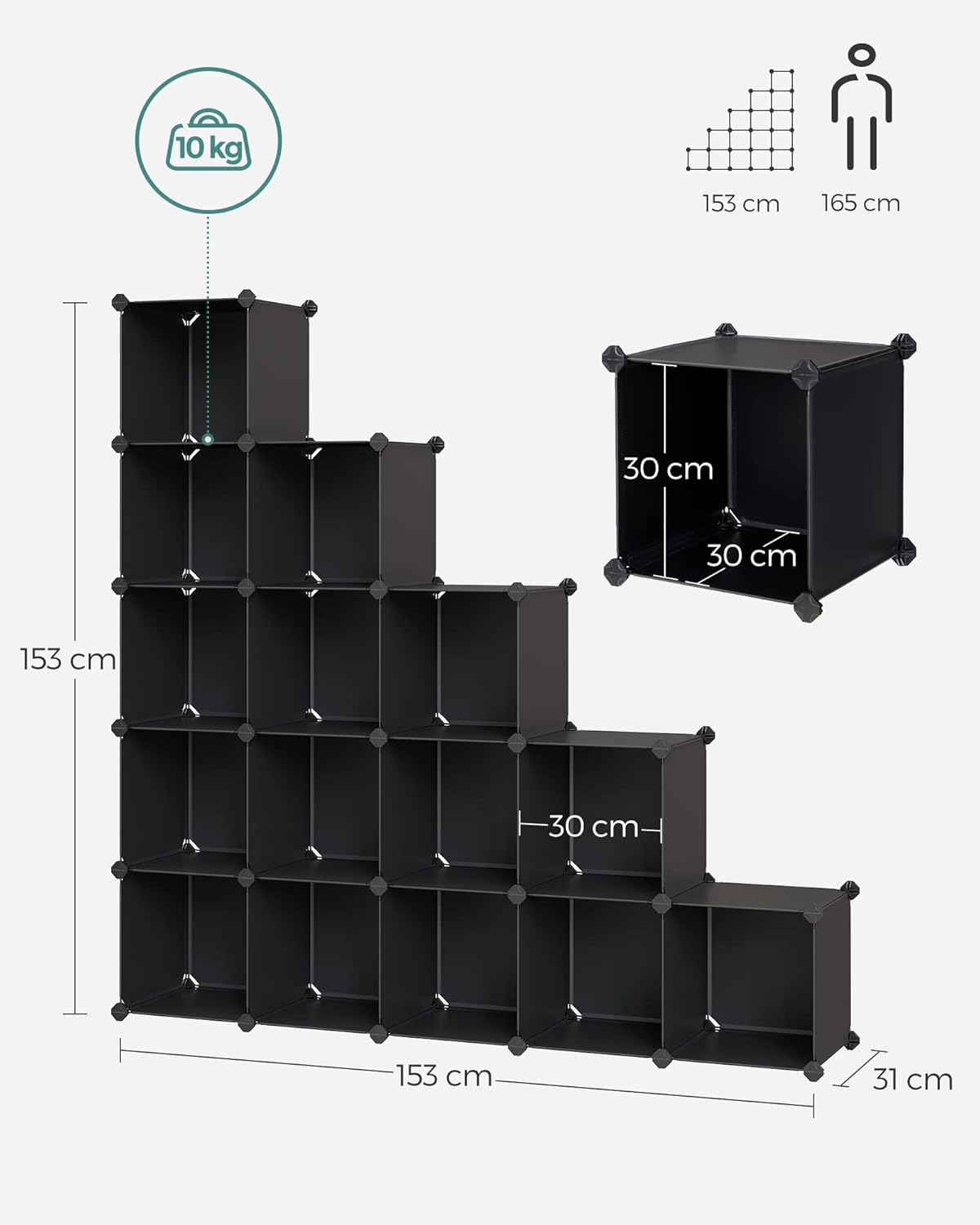Raft modular Songmics cu 16 cuburi pentru pantofi si haine, negru