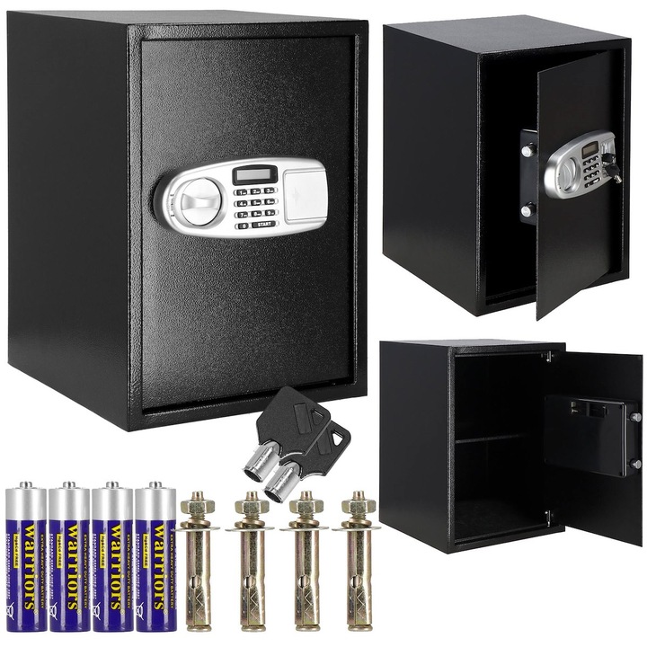 Seif electronic din otel cu cifru si cheie, negru, 50x35x36 cm
