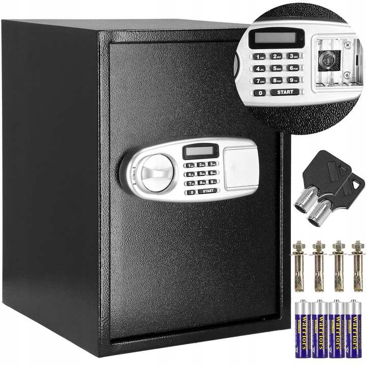 Seif electronic din otel cu cifru si cheie, negru, 50x35x36 cm