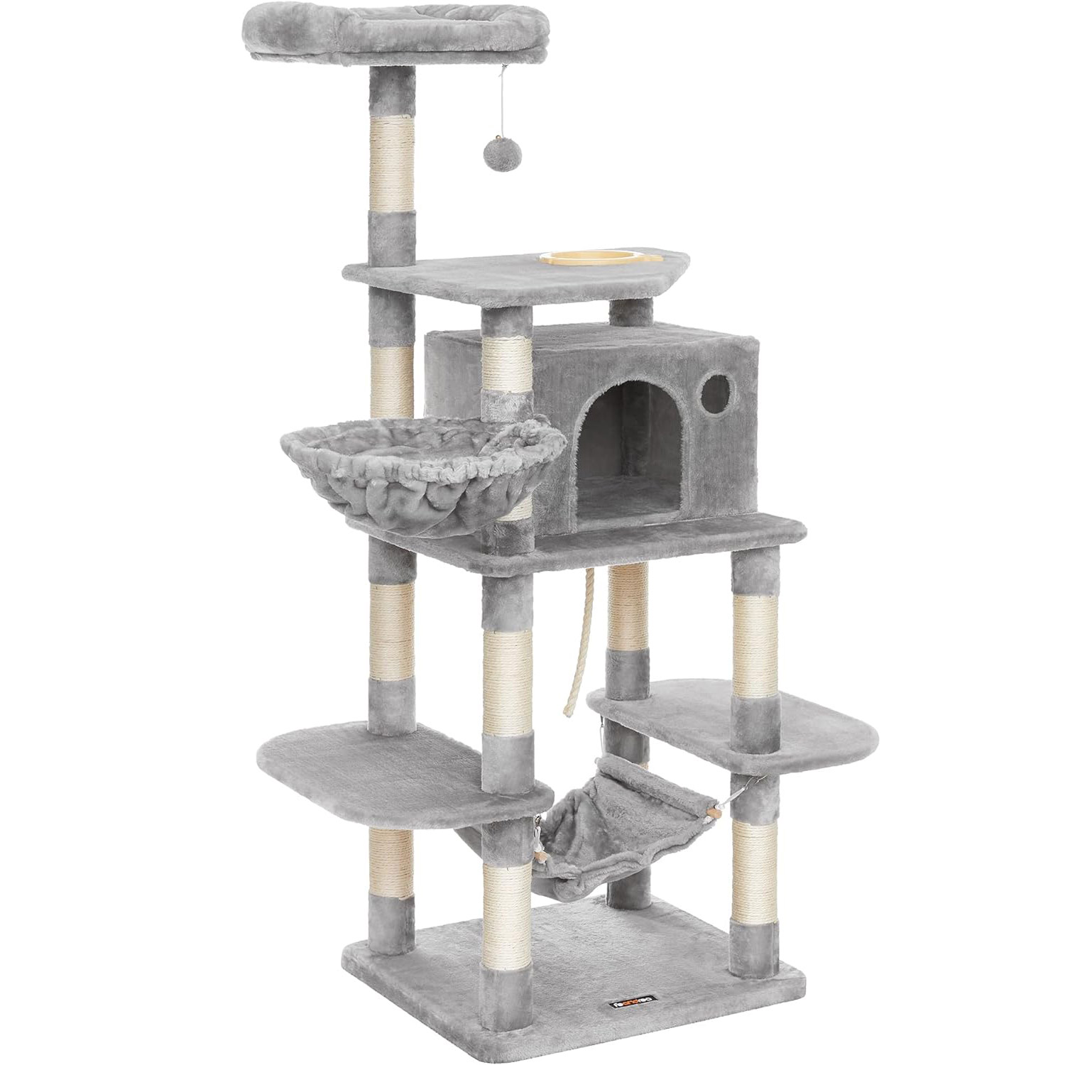 Ansamblu de joaca pentru pisici FEANDREA, cu culcus, hamac si ascunzatoare, 164 cm, gri deschis