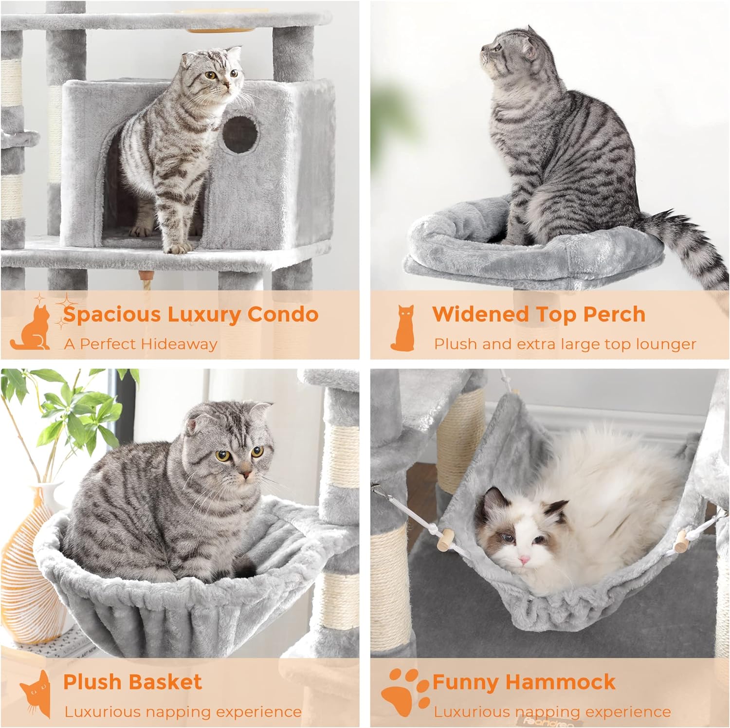 Ansamblu de joaca pentru pisici FEANDREA, cu culcus, hamac si ascunzatoare, 164 cm, gri deschis